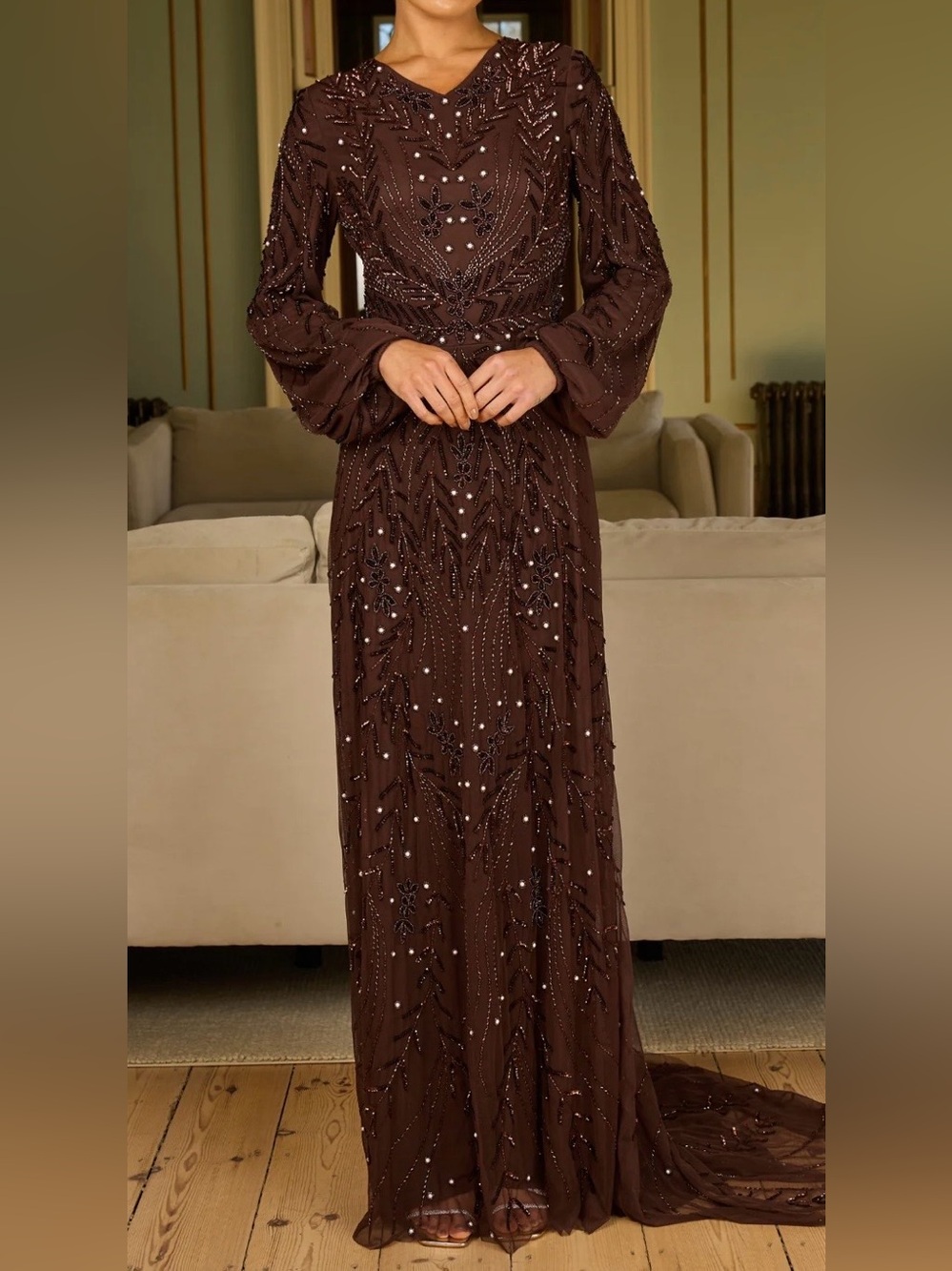 Shimmi Brown Pearl Evening Dress With Balloon Sleeve